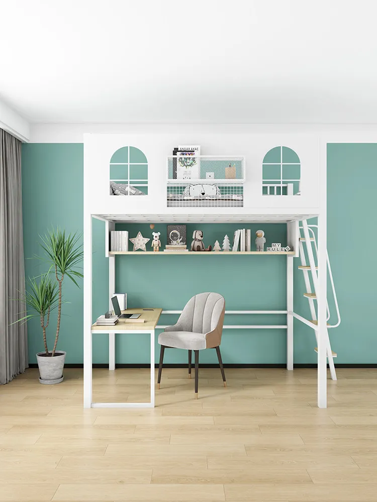 Small apartment space saving wrought ironelevated sheet upper bed bookcase under bed table type children's