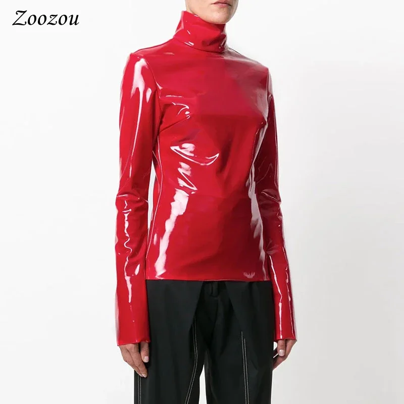 Women Shiny Faxu Leather Plus Size Turtleneck Tops Zipper PVC Pullover Black Red PU Leather 4XL 5XL 6XL Clothes