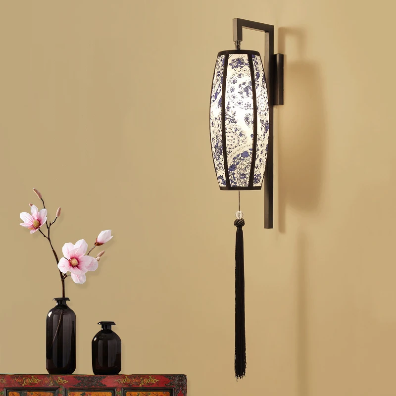 Chinese Restaurant Light Retro Fabric Cloth Wall Sconce Lamp Tearoom Living Room Wall Lamp Aisle Corridor Bedroom Bedside Light