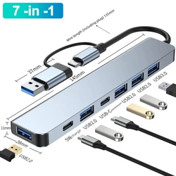 HUB USB de 7 puertos 2 en 1 con lector de tarjetas divisor, puerto USB C, USB 3,0/2,0, lector de tarjetas divisor SD/TF, estación de acoplamiento