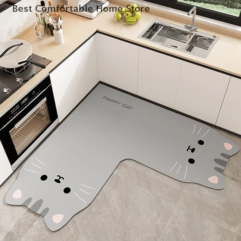 Cute Cartoon L-Shape Absorbent Kitchen Floor Mat Mat Long Diatomite Kitchen Rug Soft Washable Carpets Bathroom Entrance Doormat