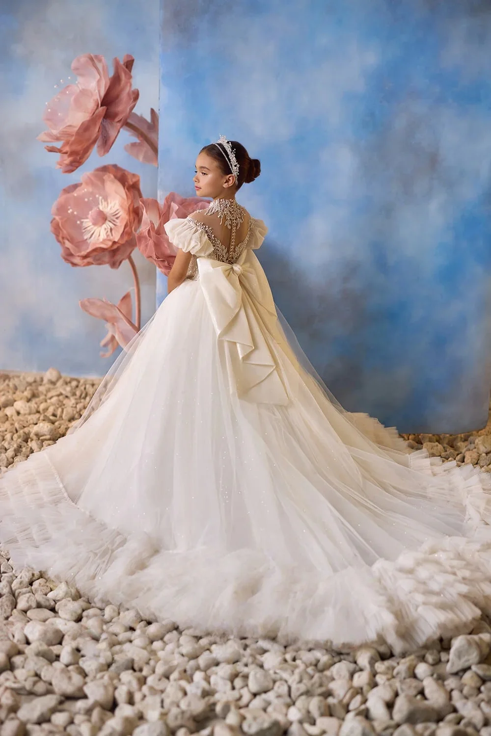 Custom JDY High Puff Sleeve Beaded High Neck Tulle Trailing Flower Girl Dress Wedding Party Gown Birthday Pageant Dress فساتين ا