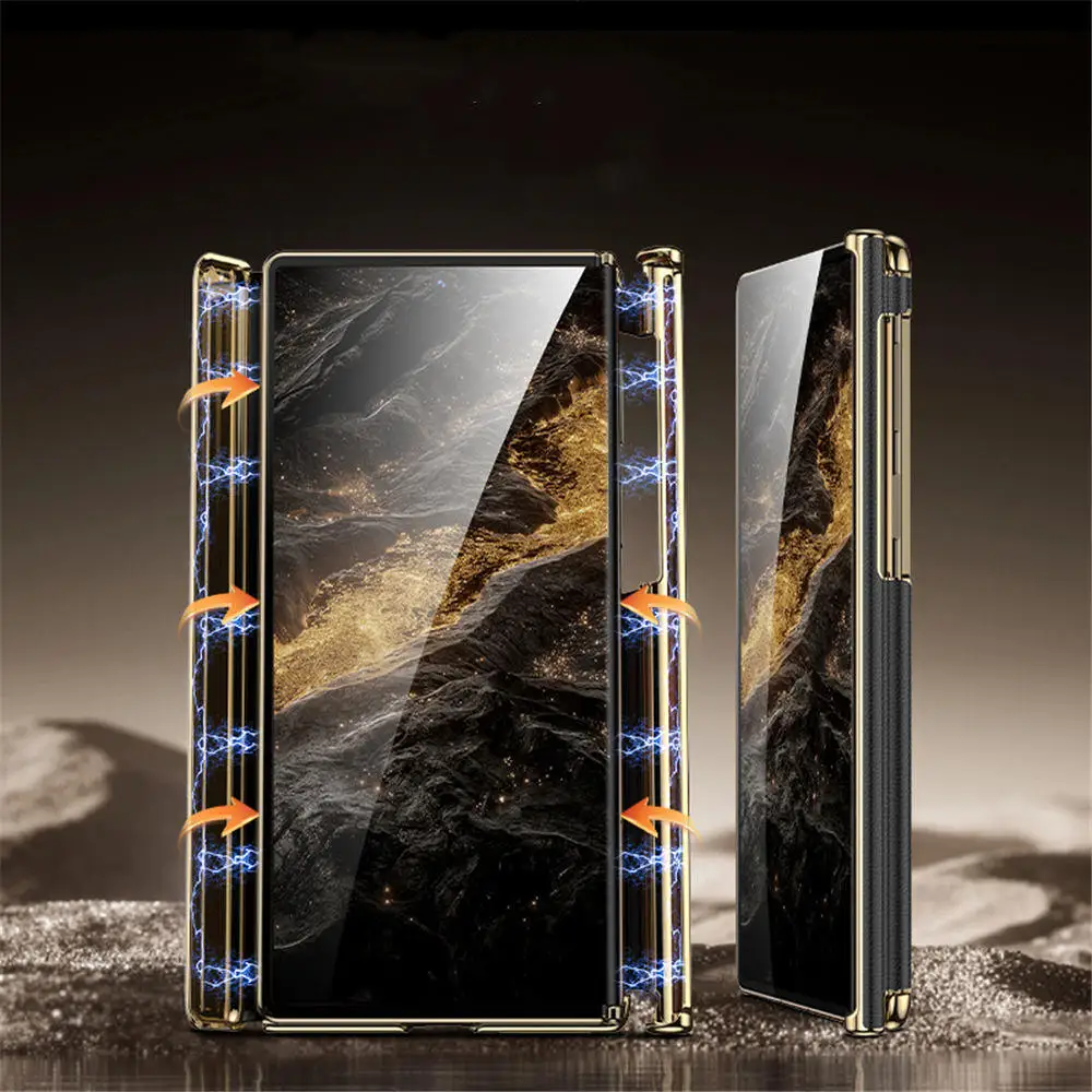 Premium-Klapphülle aus natürlichem Rindsleder mit doppeltem Scharnier für Huawei Mate XT XTs, Armbandhalter-Abdeckung