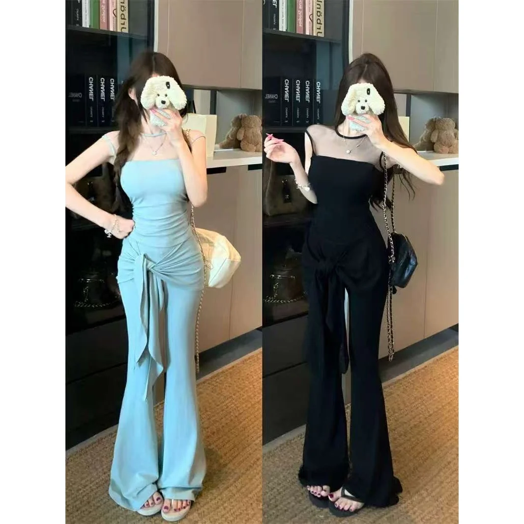 Women's Short Sleeve T-Shirt Black Summer Outfit Casual Pants Two Piece Set Lace Patchwork Slim Fit Tie Waist Bell Bottoms