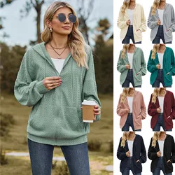 Women Autumn V-neck Zipper Solid Color Long Loose Hoodie Coat