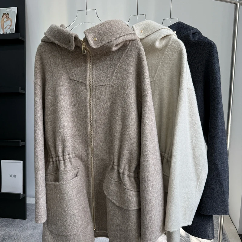 

Women's Casual Cashmere Coat Mid-Length Hooded Cardigan Korean Style Loose Waist Double-Sided Woolen Coat with Collar