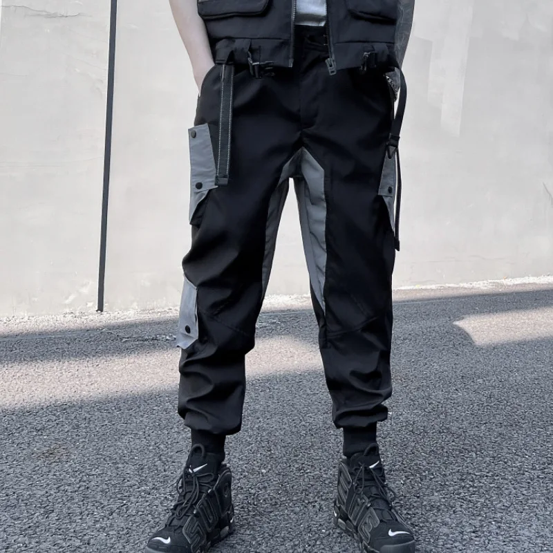 Functional Cargo Pant Men Fashion Tactical Reflective Patchwork Trousers 2023 Spring Hip Hop Streetwear Pants Techwear Black