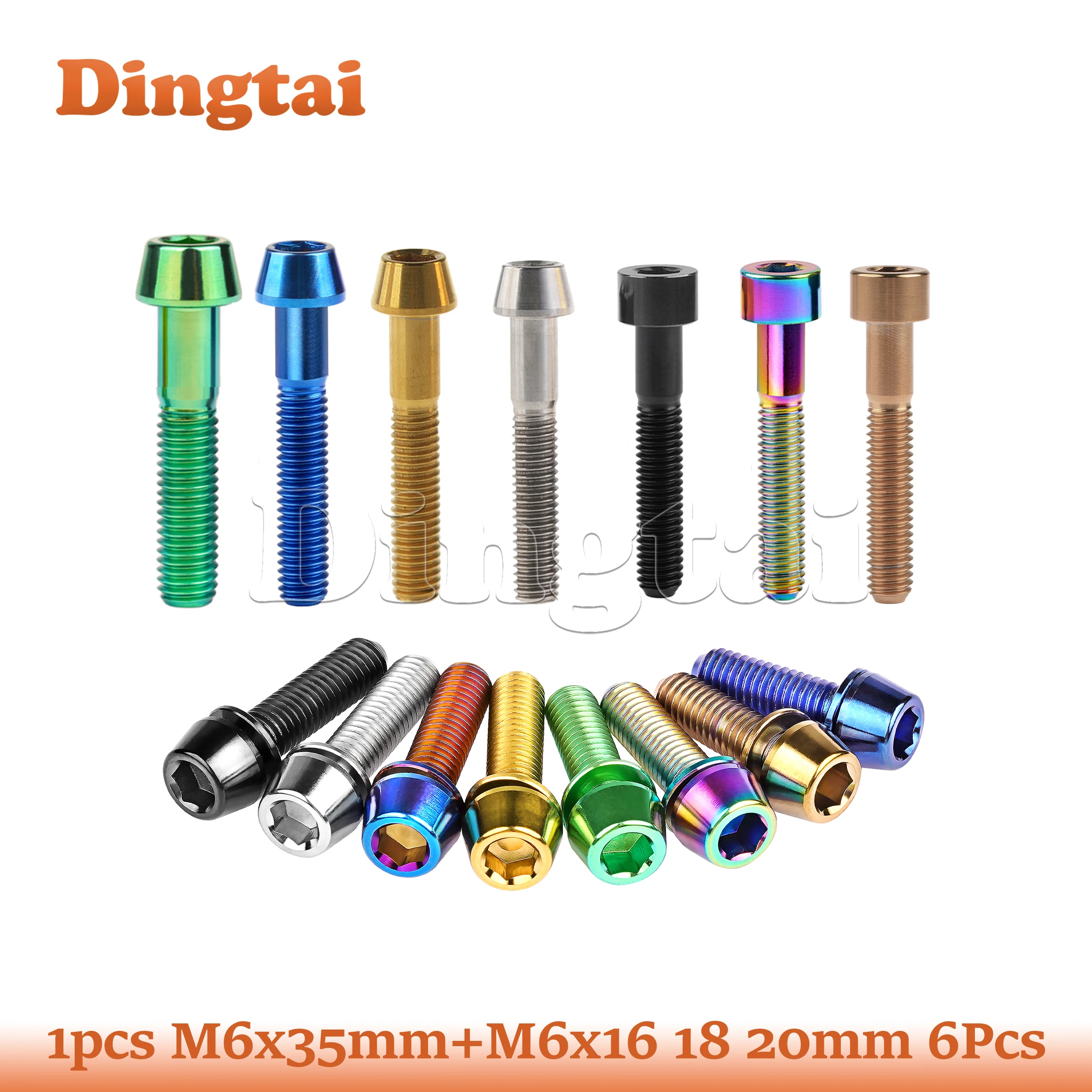 

Dingtai Titanium Bolt M6x16 18 20mm 6Pcs Taper Head Bolt With Washer + 1pcs M6x35mm 1pcs Taper Head Screws Bolts Bike Fastener