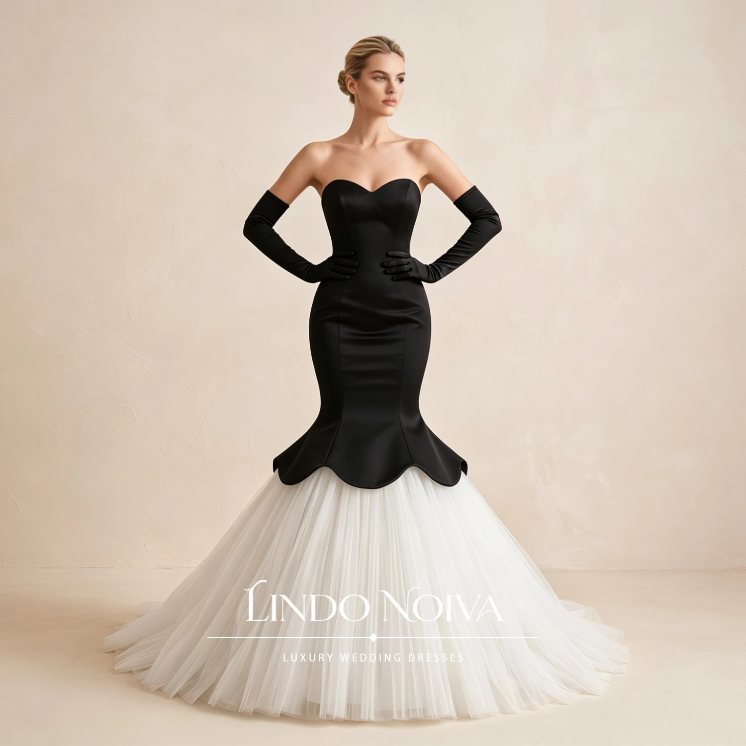LINDO NOIVA Elegant Black White Mermaid Wedding Dress Long Layered Velvet Bridal Gown Court Train Vestido De Novia Customized
