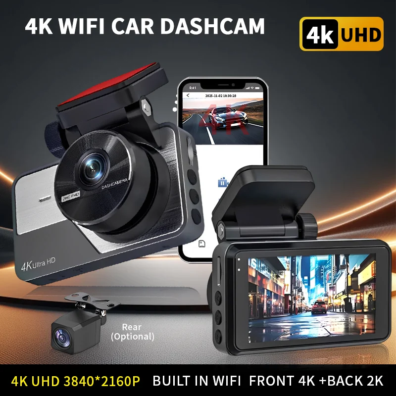

4K WIFI DVR dashcam ,2K Rear Optional,Built-in WiFi APP Control Dual Loop recording Channel DVR with Night Vision G-sensing