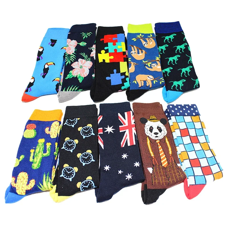 1 pair men socks combed cotton cartoon animal penguin rhinoceros parrot cactus stars geometric novelty funny socks