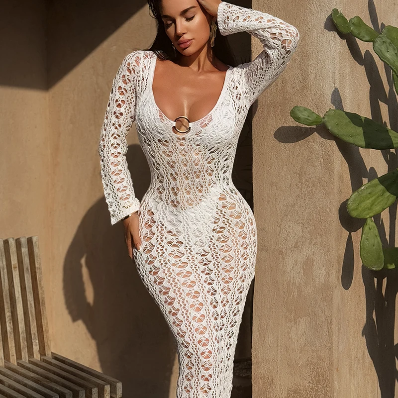 

New Style U-Neck Backless Long Sleeve Dress Knitting Hollow Binding Rope Cover-Ups Women Beach Vacation Sunscreen Long Dress