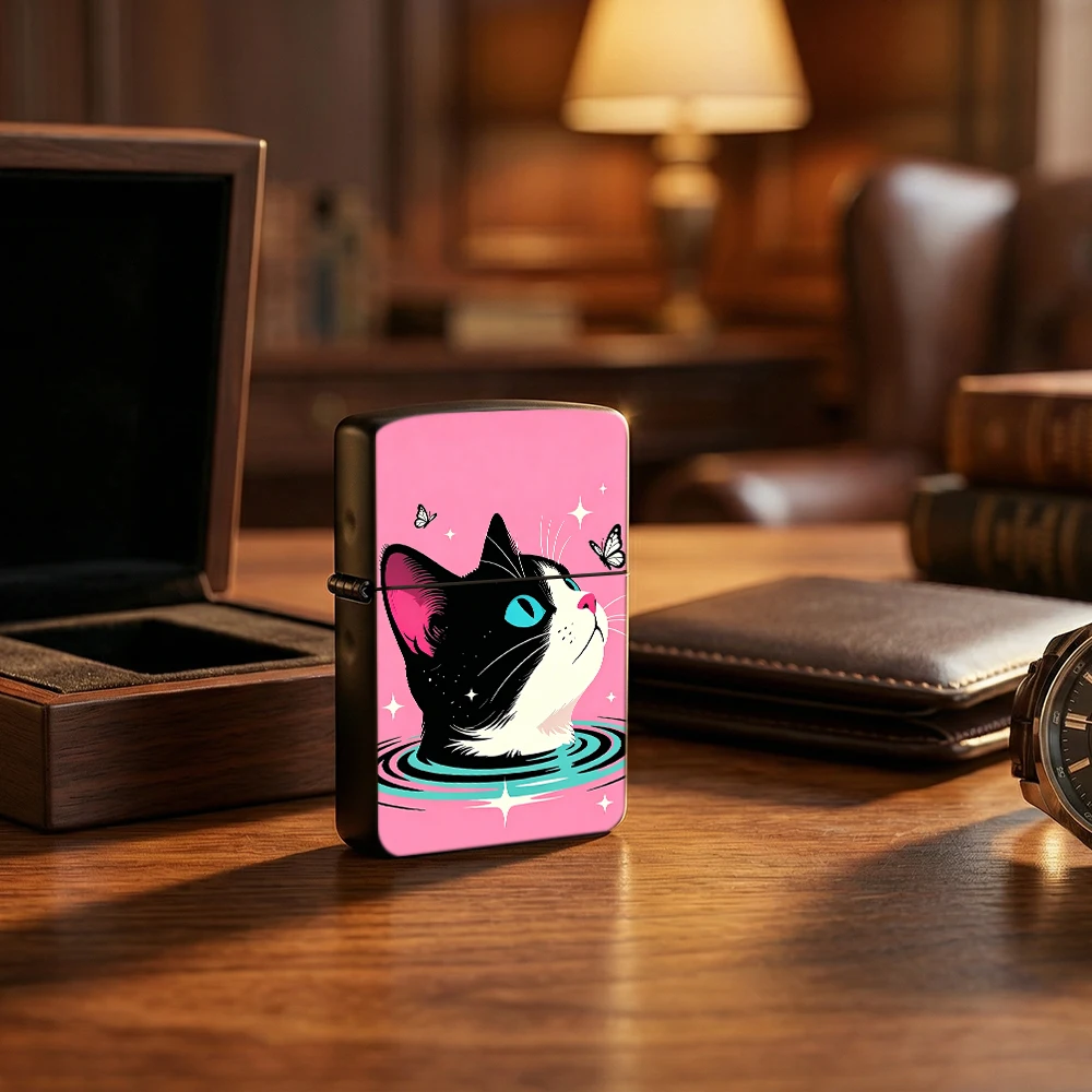Vintage Flip Top Lighter lighters vintage Pop Art Tuxedo Cat With Butterfly Sparkle Art Print lighters for smokers Collectible