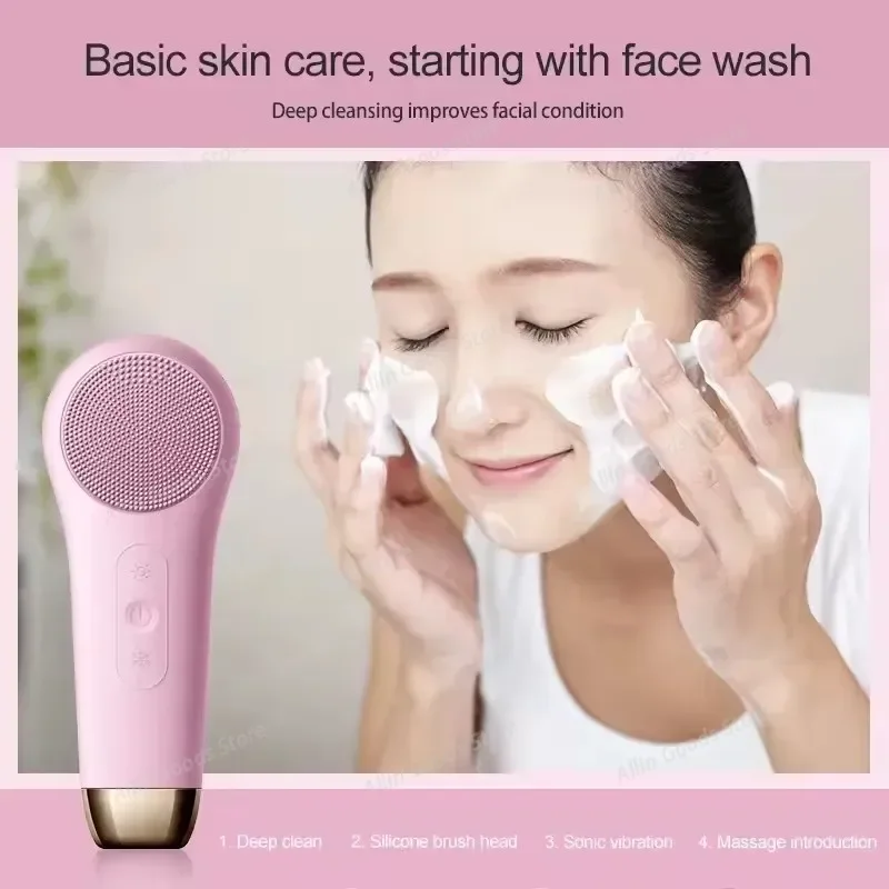 Heated Red Blue Light Silicone Facial Cleansing Brush, Ultrasonic Vibration Deep Pore Blackhead Removal Face Washing Massager