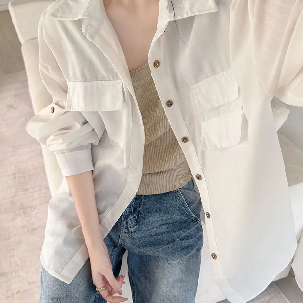 Breathable Linen Blouse Women Summer Loose Long Sleeve Shirt Casual Polo Neck Top Solid Color Simple Comfortable Daily Wear