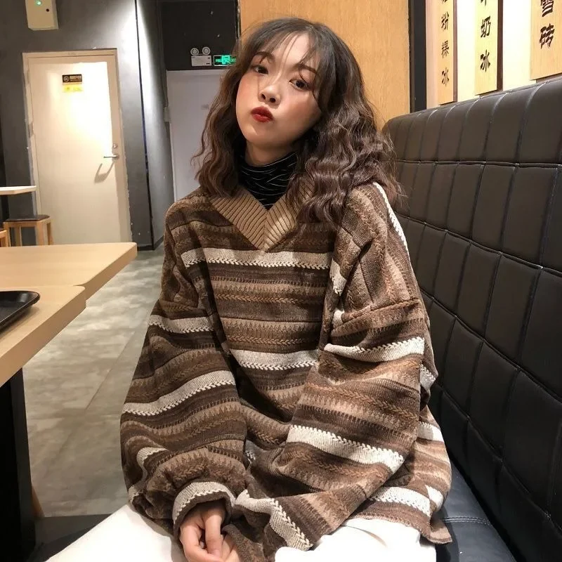 PTKPCC New Autumn-winter Retro Jumper Harajuku Oversized Loose Sweater V Neck Stripe Pullover Sweater