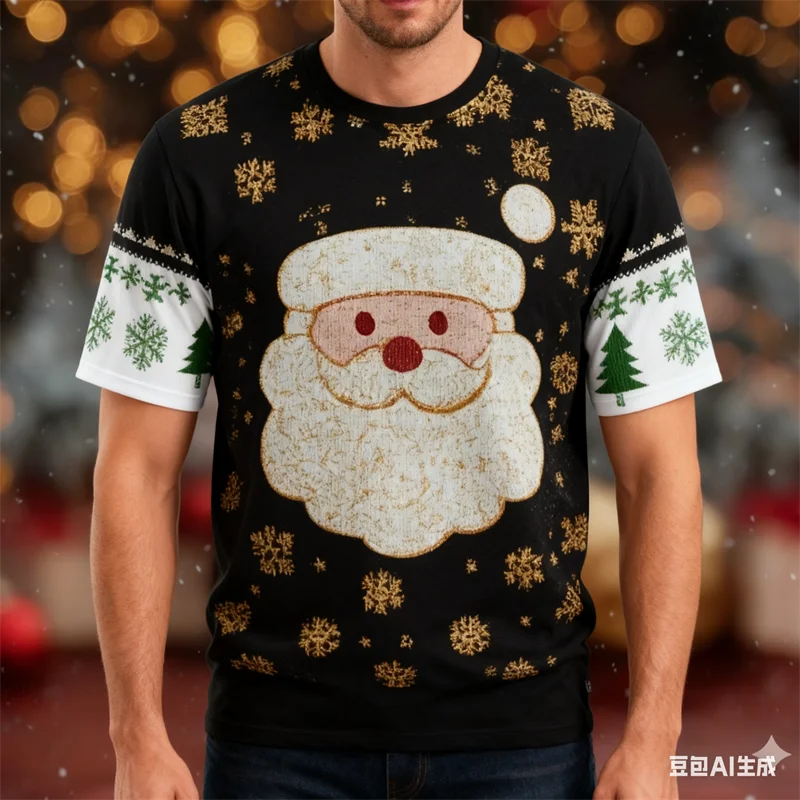 

Christmas Santa Claus Cartoon Pattern Men's T-shirt 3D Print Short Sleeve Tops Fashion Casual Loose Unisex X'mas Party Clothing