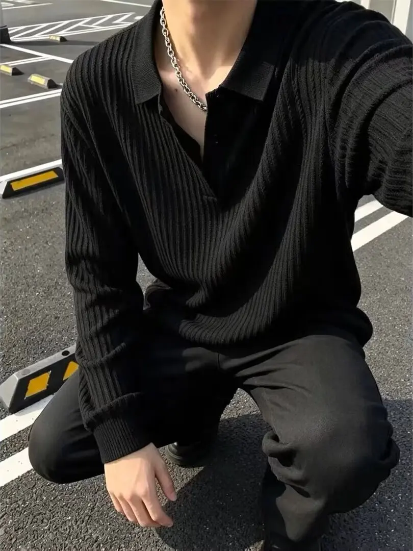 Loose Knitted Long Sleeve  Shirt Men's Fashion Casual Classic Style Autumn Wear Resistant to Fading Universal Fit