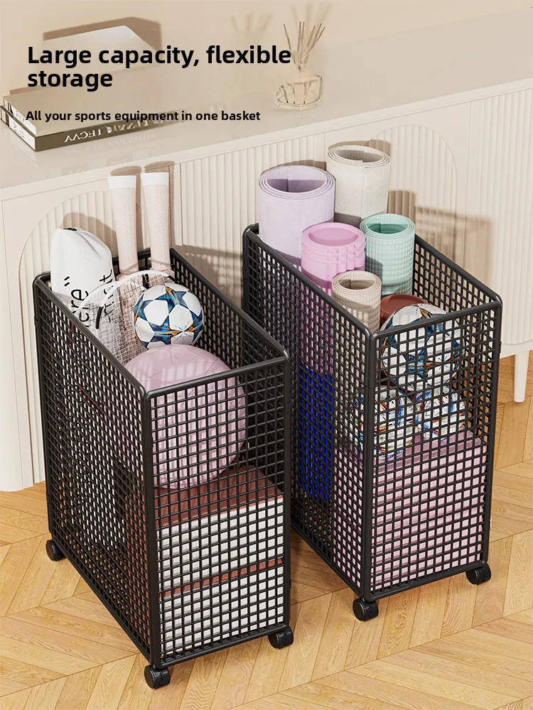 سلة تخزين حديثة وبسيطة لحصيرة اليوغا مع عجلات، منظم لمعدات الرياضة المنزلية، رف تخزين لمعدات الريشة الطائرة واللياقة البدنية