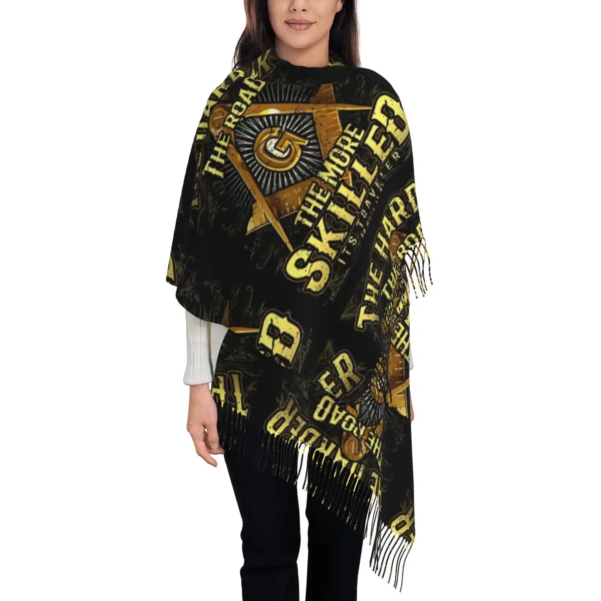 Womens Scarf with Tassel Freemason Harder Road Square & Compass Masonic Long Winter Fall Shawl and Wrap Gifts Pashmina Scarves