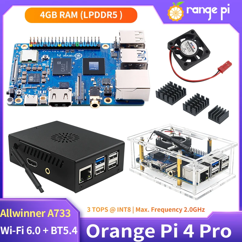 4GB RAM Orange Pi 4 Pro Allwinner A733 LPDDR5 Imagination BXM-4-64 Wi-Fi 6 BT5.4 3TOPS AI Dual MIPI-CSI Development Board