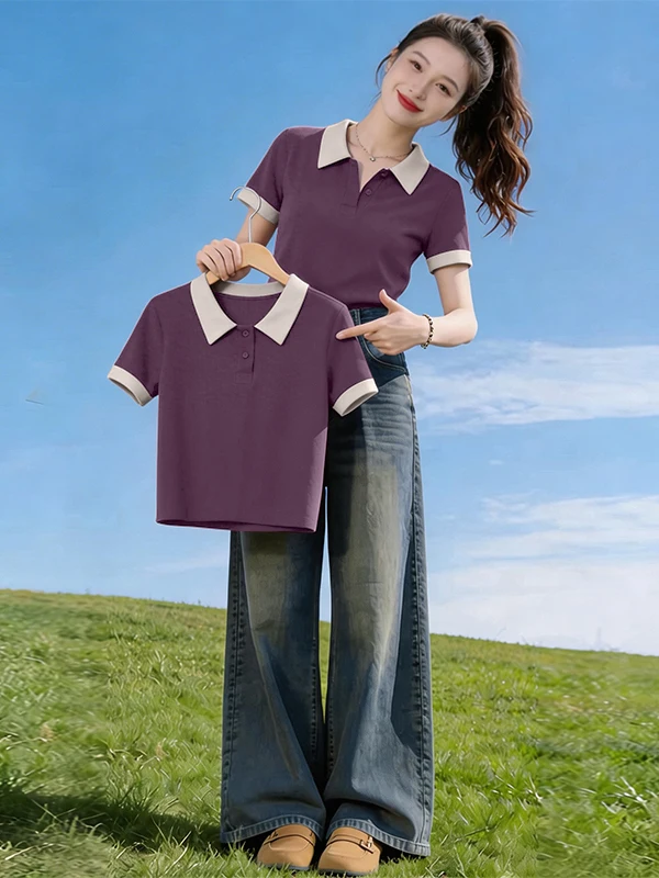 Pure Cotton  Shirt Women's Short Sleeve T-Shirt Loose Fit Summer New Style Casual Classic Color Block Turn-down Collar Top