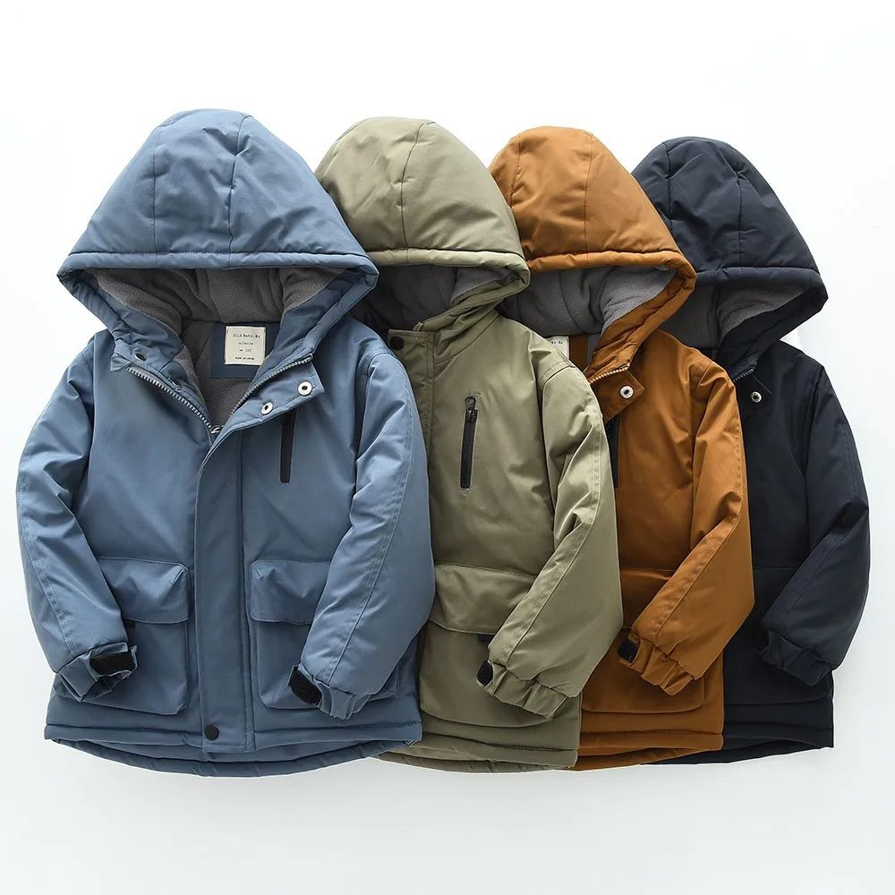 2025 Winter New Style  Boys' Hooded Coat with Big Pockets, Fleece Lined, Thickened, Windproof, Waterproof and Warm Boy's outwear