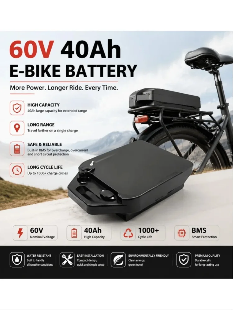60V 40Ah Lithium-Akku für Elektrofahrräder, Gepäckträger-Akku für E-Bikes mit integriertem BMS-Schutz, bis zu 1000 Ladezyklen, wasserdichter Ersatzakku für Elektrofahrräder