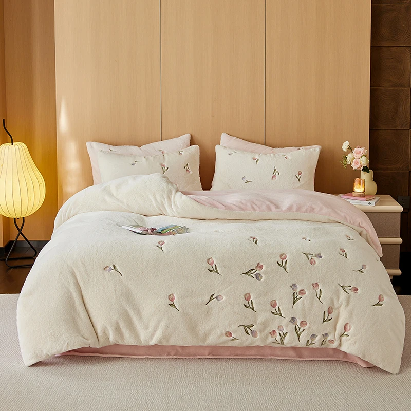 4Pcs Fluffy and soft winter Thickened Imitation rabbit plush Bedding Set Flowers Embroidery Duvet Cover Bed Sheet Pillowcases