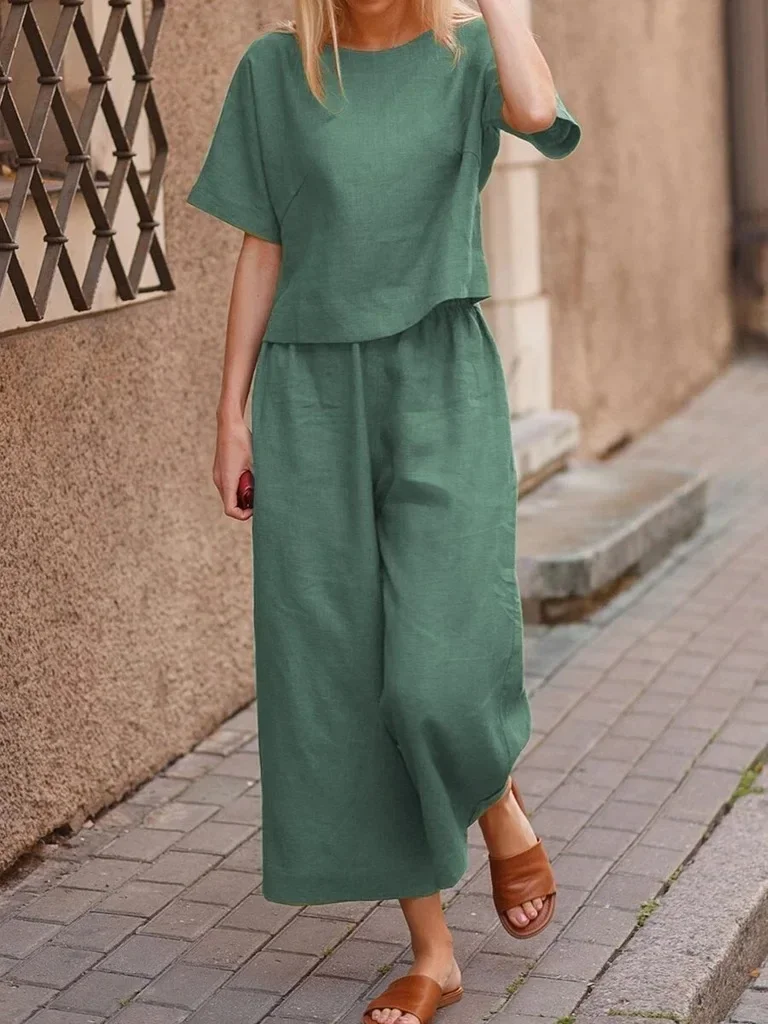 Cotton Women's Suit Pantsuit Loose O-neck Top Wide-leg Trouser Suits Female Spring Pant Sets Fashion Casual Black Set Ladies