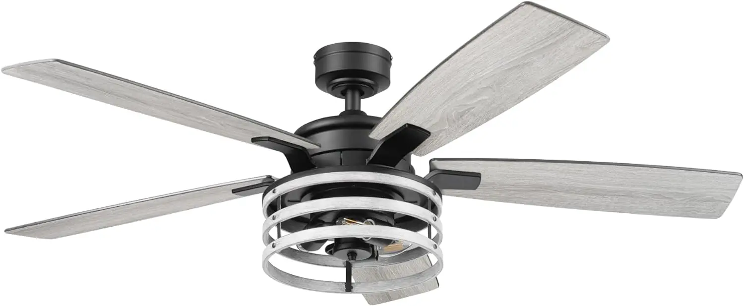 Carnegie, 52 Inch Industrial Style Indoor LED Ceiling Fan with Light, Remote Control, Dual Mounting Options,