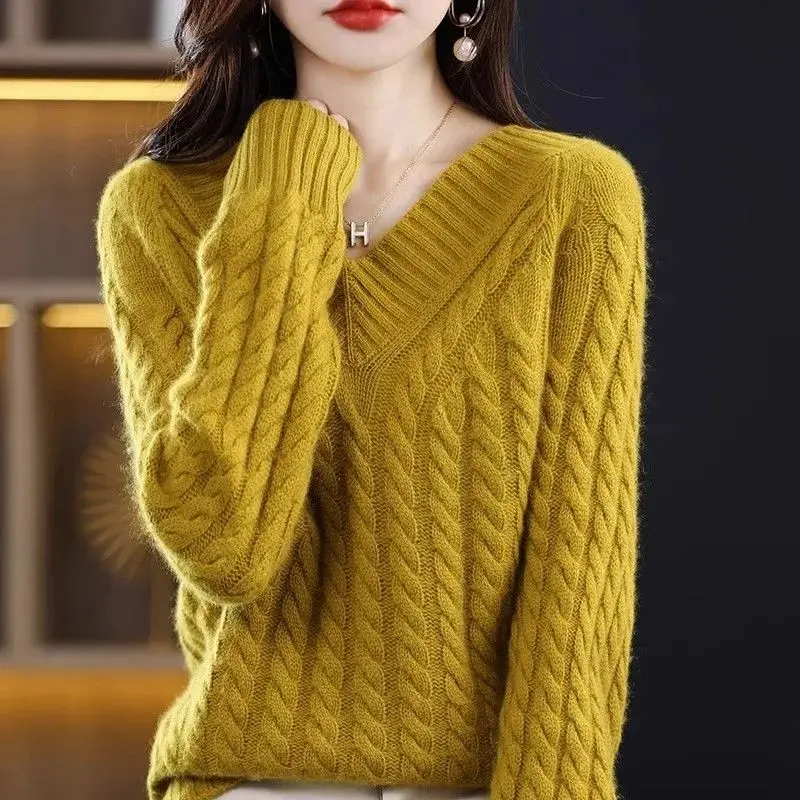 

Women's V-Neck Cable Knit Sweater Loose Short Crop Pullover Long Sleeve Autumn Winter Tops