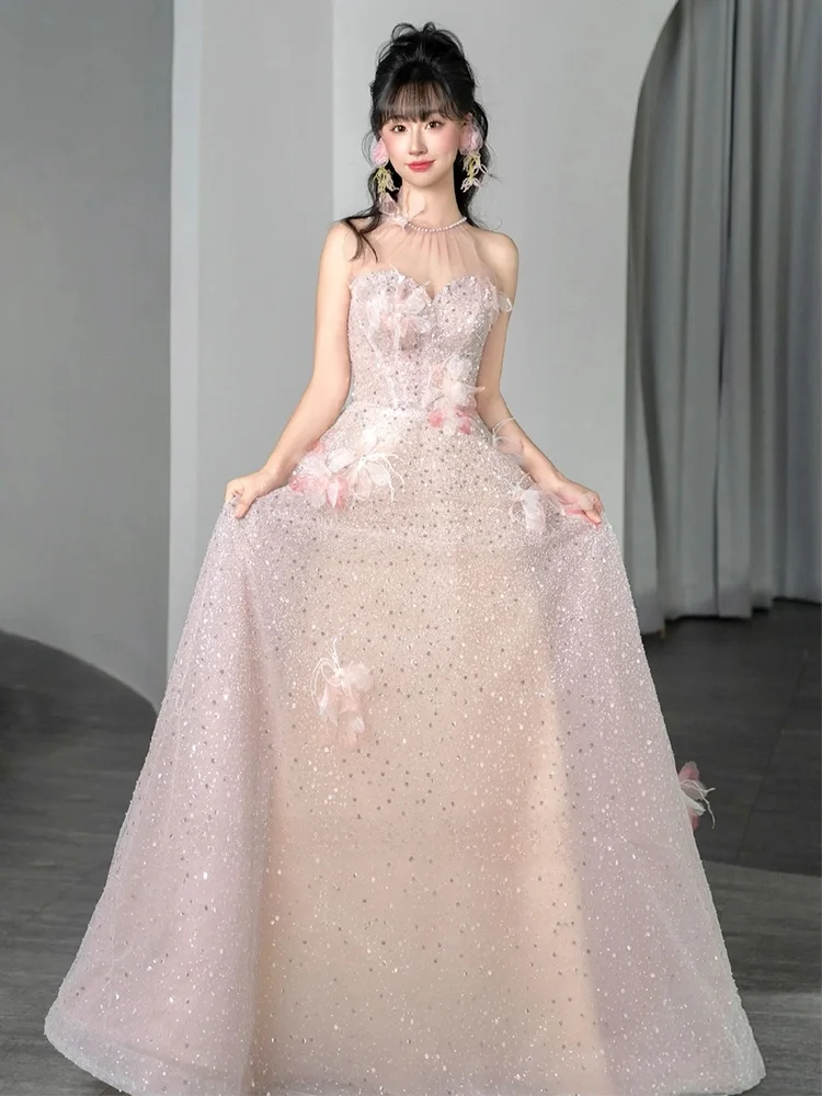 

Розовое вечернее платье женское 2025 года, новинка, элитное, для дня рождения, выпускного, ужина, роскошное, с бисером, длинное, в стиле принцессы