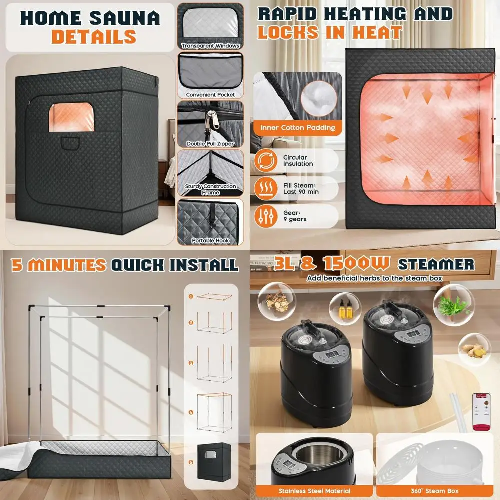 

Портативная паровая сауна-палатка на 2 человек, нагреватель 3 л/1500 Вт, размеры XL 4.9' x 3.3' x 5.9', для спа-процедур всего тела, с пультом ДУ, складное кресло, серый цвет