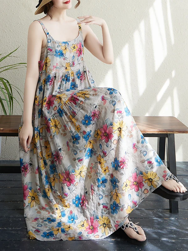 Vestido longo maxi de aodão e linho com estampa floral verde, saia godê soltinha e emaecedora, sem alças, para o verão e ...