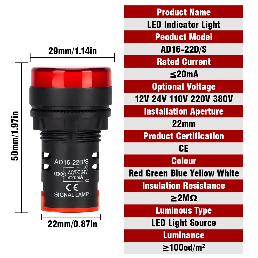 Wskaźnik lampka sygnalizacyjna lekka wodoodporna ad16-22ds 22mm AC/DC 12V 24V 110V 220V 380V czerwony zielony żółty niebieski biały LED żarówki 20mA