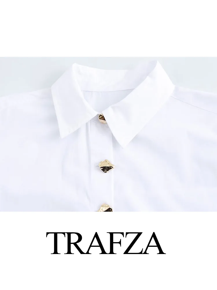 TRAFZA Woman Single-breasted Gold Button Decoration Shirts Top Spring Women Elegant Solid Turn-down Collar Long Sleeves Blouse