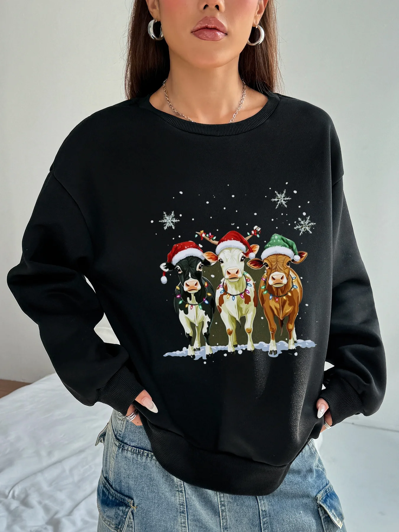 

XMAS Christmas Women Animal Print Loose Pullover Sweatshirt Ladies Long Sleeve Hoodies Winter Thermal O-Neck Fashion Clothes Top