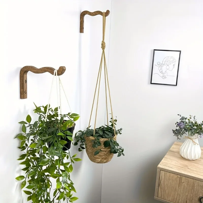 2pcs Wooden Wavy Wall Hooks for Hanging Plants, Decorative Wall Mount Plant Hanger for Indoor Use