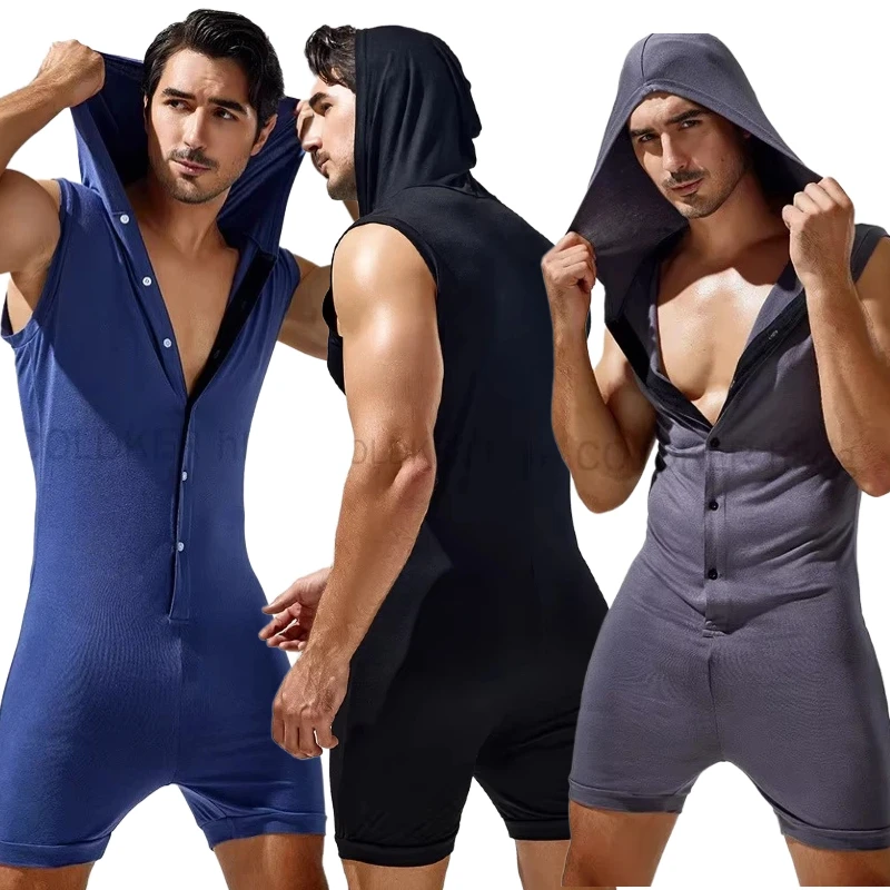 TAUWELL Men's Hooded Sleeveless Romper Stretchy Soft Fabric Jumpsuit Shorts Casual Comfortable Lounge Wear