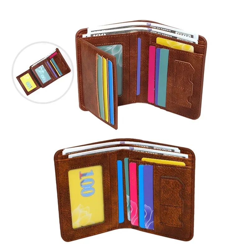 New Leather Wallet Retro Business Design Rfid Protection Short Card Holder Coin Purses Money Bag Men Business Wallet Handbag