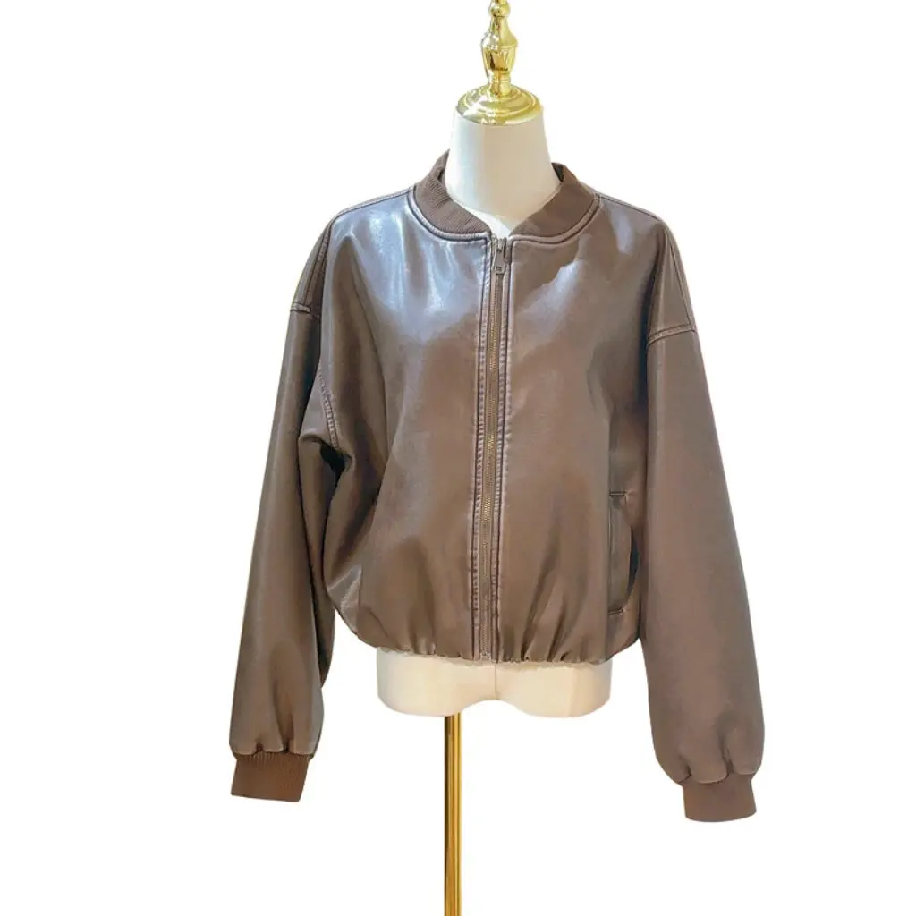 เสื้อแจ็คเก็ตหนัง PU สีน้ำตาลสำหรับผู้หญิง สไตล์วินเทจ แฟชั่นฤดูใบไม้ร่วงและฤดูหนาว เสื้อคลุมลำลองสำหรับสุภาพสตรี