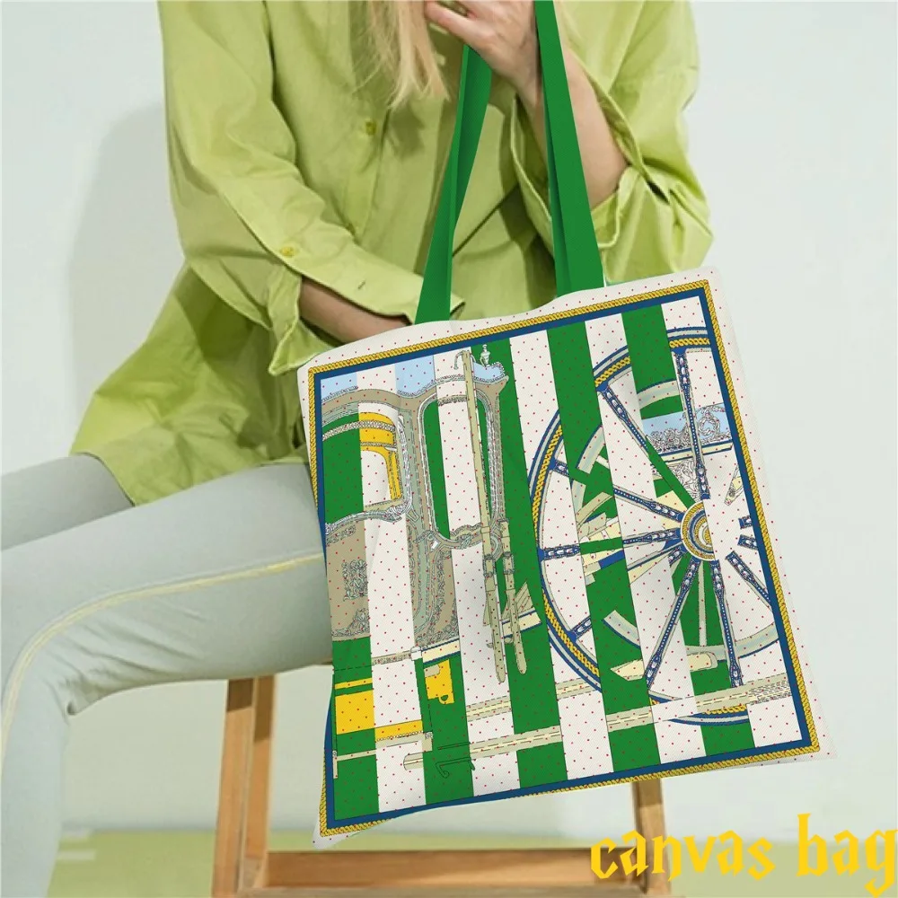 

Fashion Color Matching Carriage Wheel Women's Canvas Bag Carry Cloth Bag Large Capacity Student Book Bag Commuter Shoulder Bag