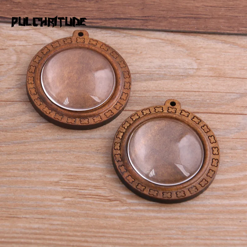 4pcs/lot 30mm Inner Size Round Fork Wood Big Cabochon Base Setting Charms Pendant Necklace Findings