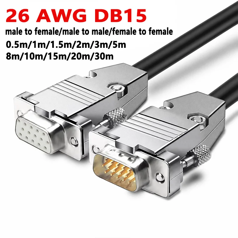 26 AWG DB15 Double-shielded RS232 D-SUB Cable, Metal, 15-pin Gold-plated Connectors, Male-to-female, 0.5–10 Meters in Length