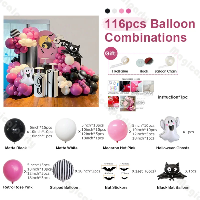 116pcs Hot Pink and Black Latex Balloon Combo Arch Kit Halloween Ghost and Bat Balloon Garland Kit for Halloween Haunted Party