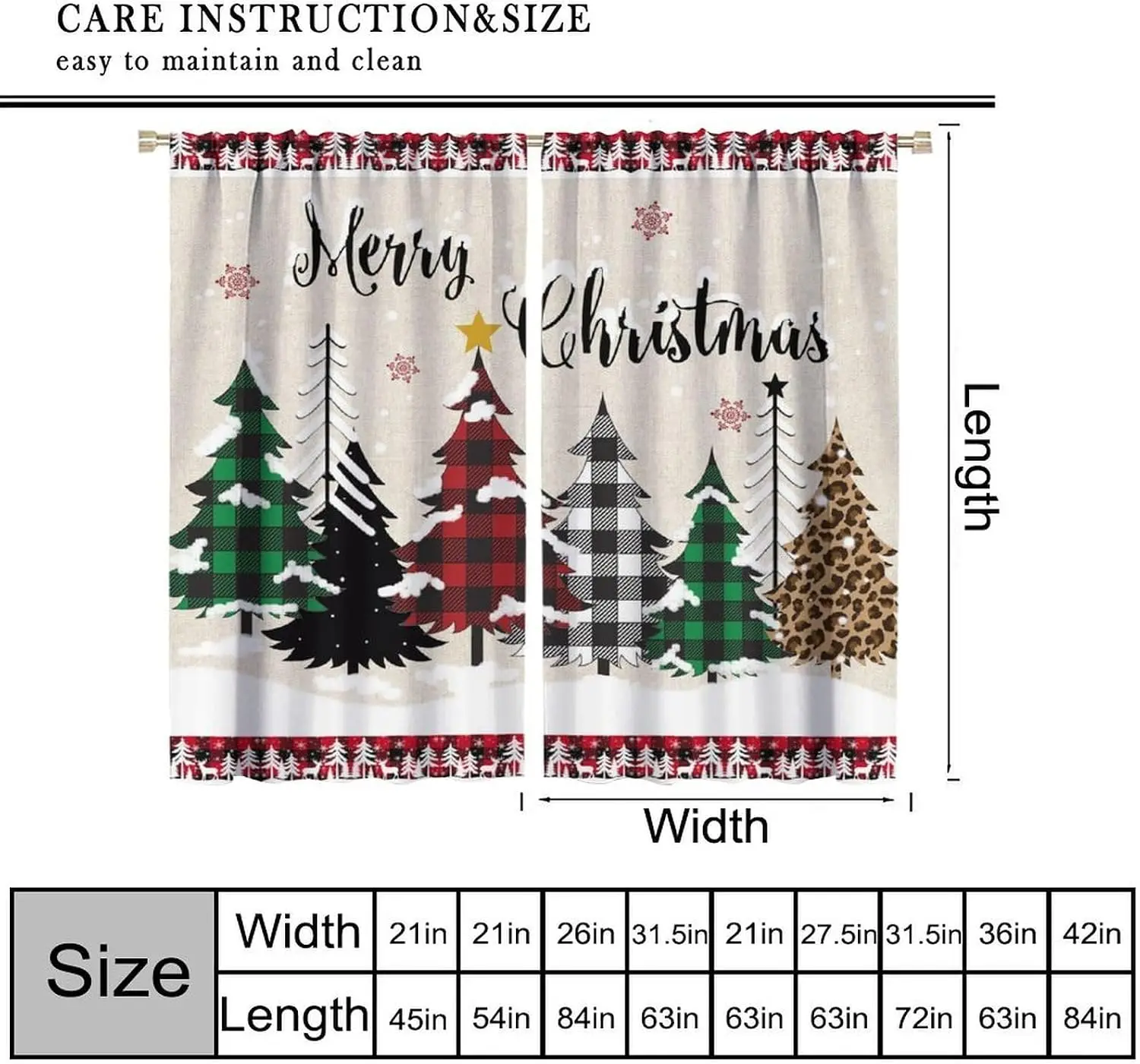 Merry Xmas Buffalo Plaid Christmas Tree Snowflake Rod Pocket Curtains 2 Panel Drapes Suitable for Living Room Bedroom Decor