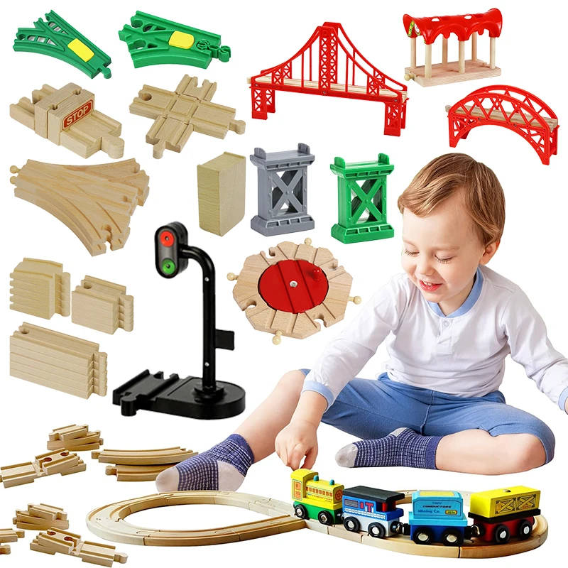 Wooden Track Accessories Beech Wood Railway Train Track Connector Toys Fit Biro All Brands Wooden Tracks Lights For Kid Toy Gift