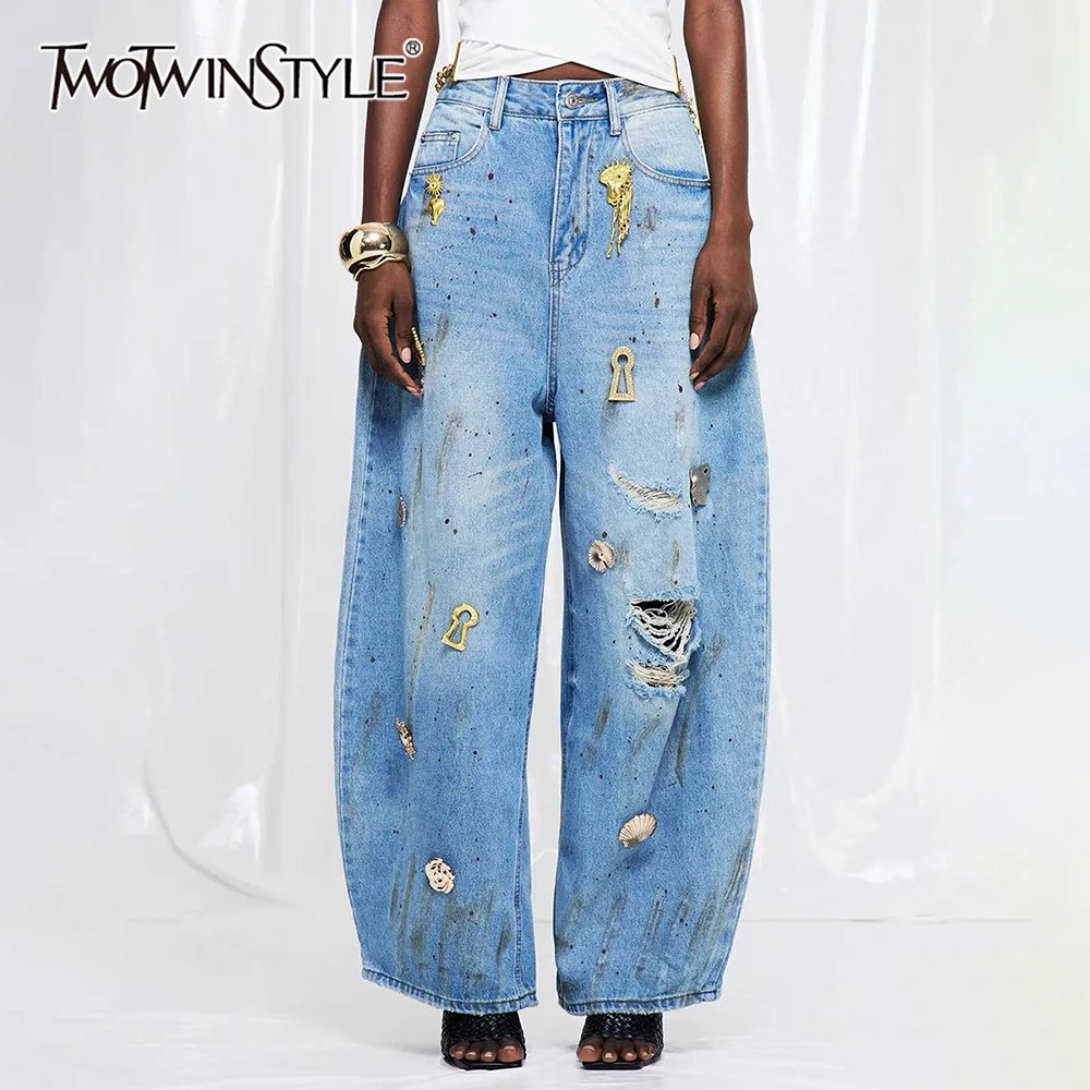 TWOTWINSTYLE High Waist Wide Leg Jeans for Women Light Blue Washed Ripped Splatter Paint Metal Badge Decor Loose Denim Trousers