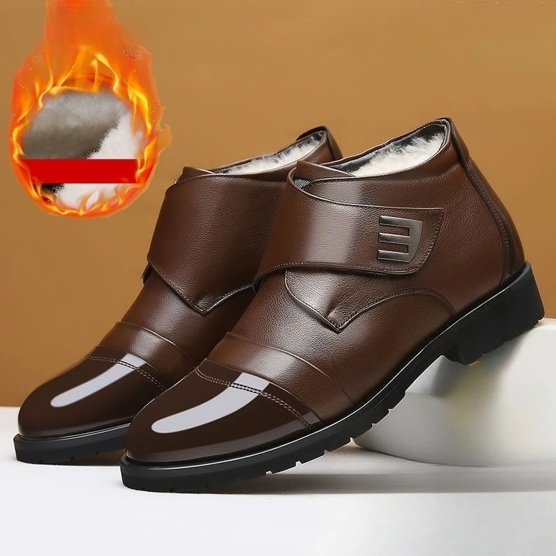 New Men's Leather Boots Plush Warm Snow Boots for Men Fashion High-Top Business Formal Shoes Designer Pointed-Toe Chelsea Boots